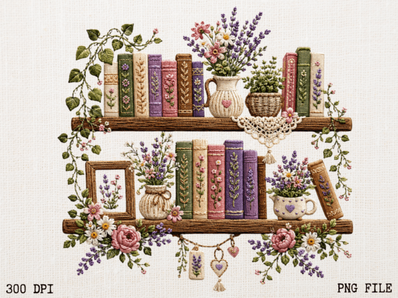Embroidered Floral Bookshelf PNG Book: Timeless Charm for Creative Projects