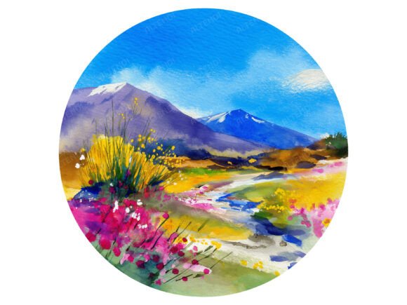 Enhancing Your Creative Projects with Round Watercolor Spring Mountain Clipart