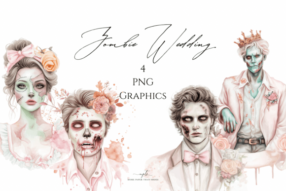 Gothic Bride Groom Illustrations: Romantic Halloween Clipart