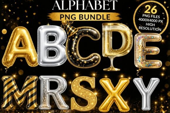 New Year Alphabet PNG Bundle: Sparkle Up Your Designs