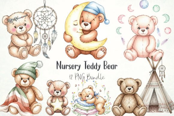 Nursery Teddy Bear Clipart & Boho Clipart: Creative Assets for Modern Design Projects