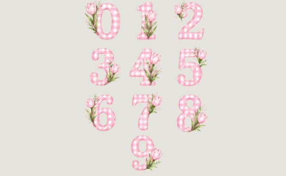 Pink Gingham Floral Numbers Clipart Set