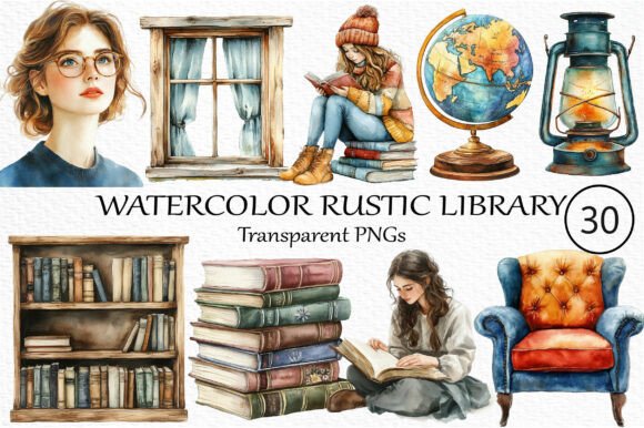 Watercolor Rustic Library Clipart: A Creative Resource for Vintage-Inspired Design