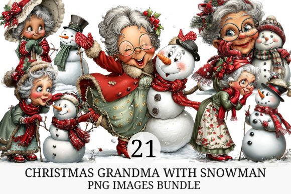 Whimsical Christmas Grandma with Snowman: A Creative Asset for Holiday Design Projects